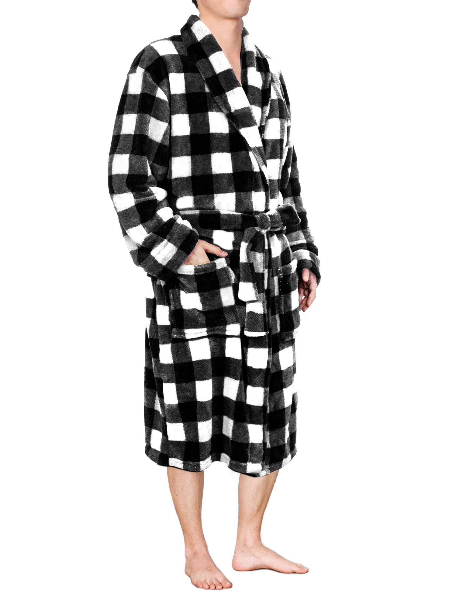 PAVILIA Mens Soft Plush Robe Flannel Fleece Plaid White Robes for Men