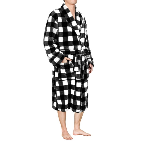 PAVILIA Mens Soft Plush Robe Flannel Fleece Plaid White Robes for Men