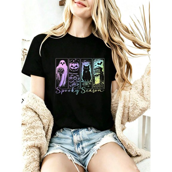Spooky Season Halloween Tee, Round Neck Women's T‑Shirt, Halloween Party Festival, Daily Wear