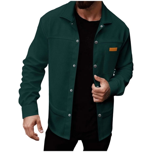 KeShDi Flannel Shirts Men's Solid Color Long Sleeved Lapel Button Up Cardigan Shirt Jacket Top Green 3X