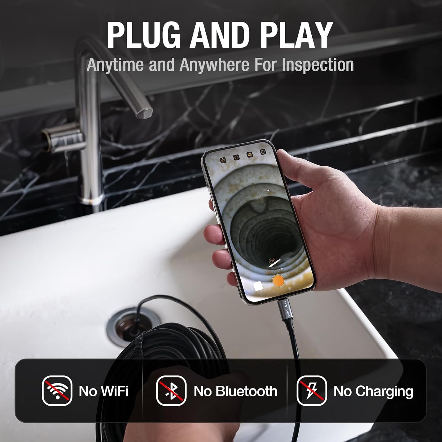 Teslong 50FT USB-C Borescope Inspection Camera, Flexible Waterproof Endoscope Snake Cable, Compatibl with iPhone 15/16, USB-C iPads and Android Phones