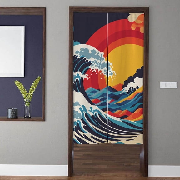 Japanese style Art Noren Door Curtains, Vintage abstract Kanagawa Waves Doorway Curtains, For Kitchen Partition Bedroom Door Privacy Decor