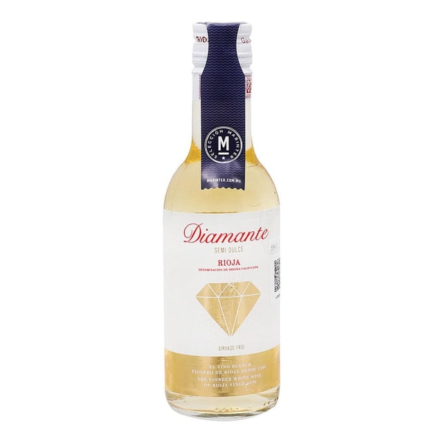vino blanco diamante semi dulce 187 ml Botella frontal, vista centrada; Vino Blanco Diamante Semi Dulce en botella transparente de 187 ml con líquido amarillo pálido, etiqueta blanca con 'Diamante' en rojo y diamante dorado, cuello con sello azul oscuro y tapa blanca. Foto sobre fondo blanco; botellas incluidas: 2. Origen indicado en la etiqueta: Alemania, región de La Rioja. Venta solo a mayores de edad.