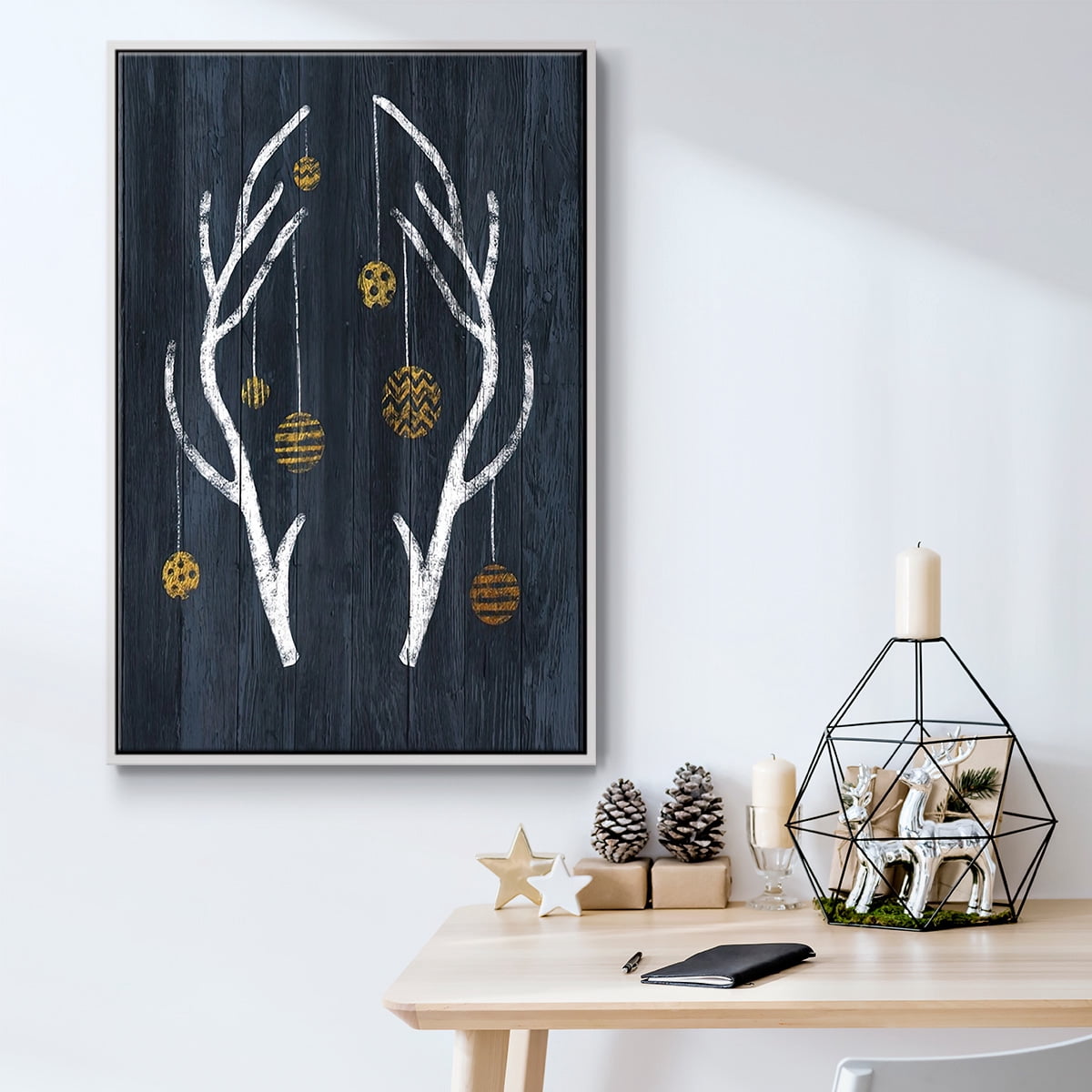 Antlers & Ornaments - Framed Gallery Wrapped Holiday Canvas - 27 x 41 - White Frame