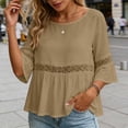 thumbnail image 6 of thefmos Women Summer Round Neck 3/4 Sleeve Lace Trim Flowy Boho Casual Pullover Tops Dressy Casual Loose Blouses Fall Shirts Clothes, Coffee L, 6 of 8