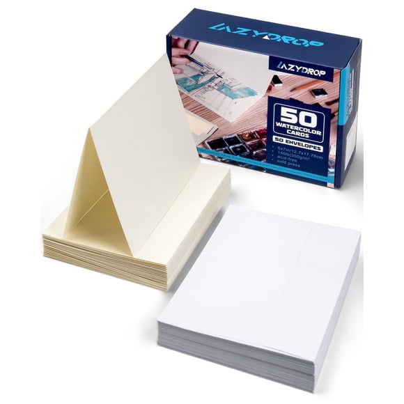 Juego de tarjetas y sobres con acuarela Lazydrop Artistic, 50 hojas