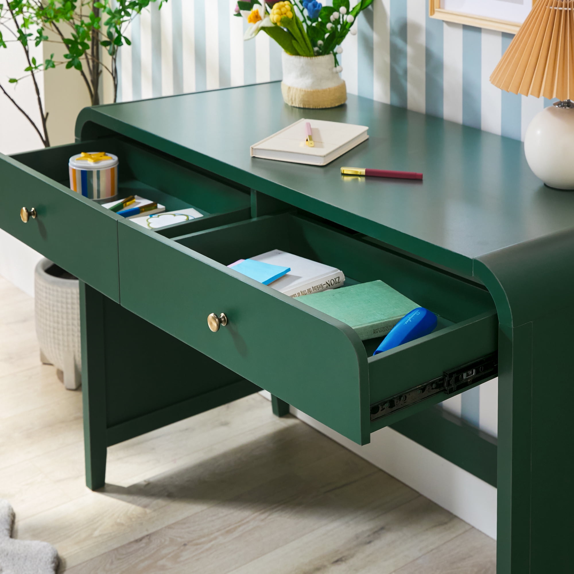 Walker Edison Modern Curve Design Writing Desk with Drawer, Green