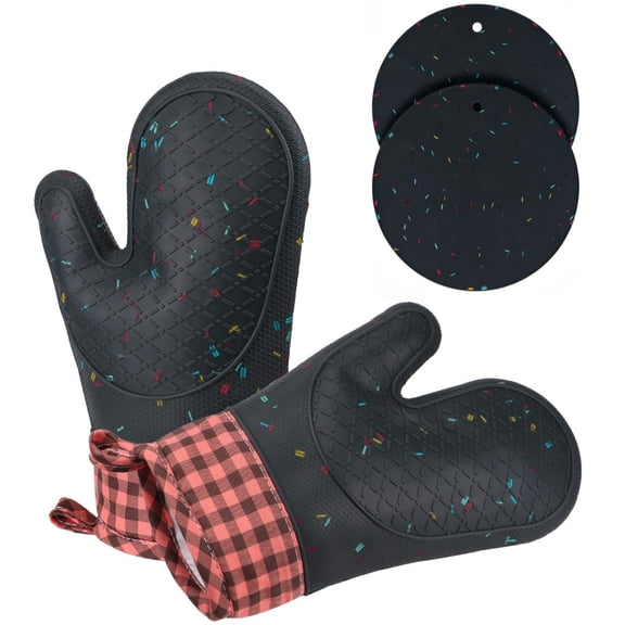 RAISTYW Black Silicone Oven Mitt Set, Heat Resistant Waterproof Kitchen Mitts for Cooking Baking BBQ, Pot Holder (4 Pcs)