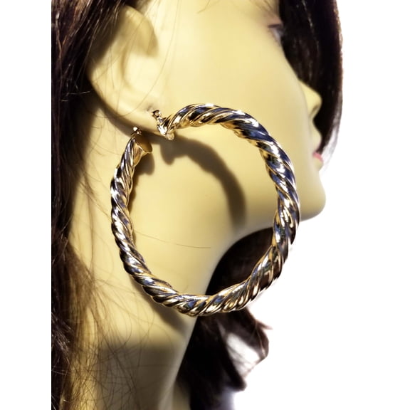 Large Gold Hoop Earrings Thick Swirl Rope Hoop Earrings Gold Tone 3 inch Hoops
