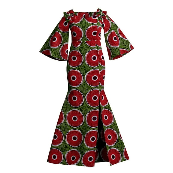 Bintarealwax African Women 3/4sleeve Dresses Ankara Print High Slip Elegant Plus Size Dashiki Outfits Party Wedding Maxi Dresses WYL129