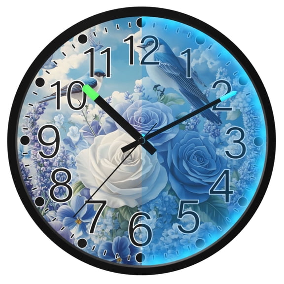 Ryvnso Birds Lavender Flowers 12 Inch Night Light Wall Clock Silent Battery Operated Luminous Clocks