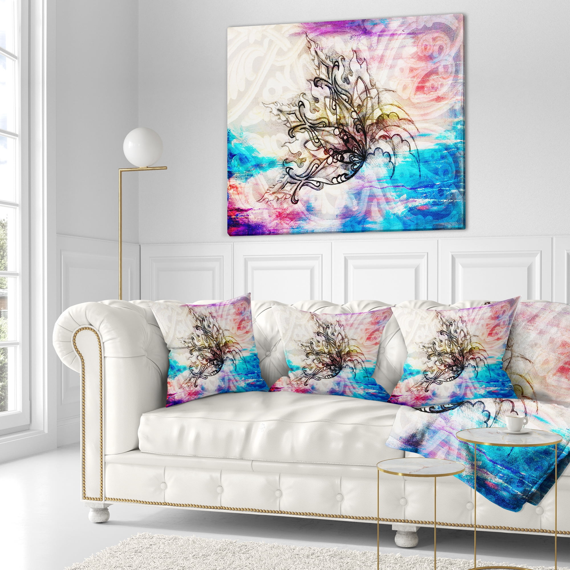 Designart Blue Paper Flower and Flame - Floral Throw Pillow - 16x16
