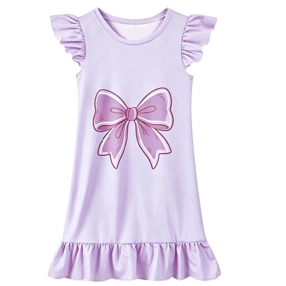 Gunia Little Girls Nightgowns Pjs For Girls Playful Nightdress Cute Bow Print Flutter Sleeves Cozy Cute Night Gowns Sleepwear Light Purple 5-6 Years