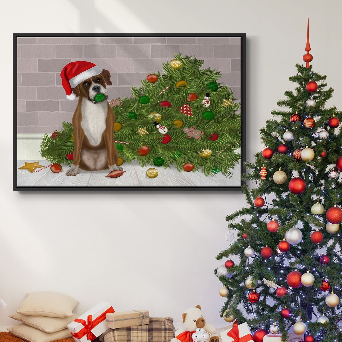 Christmas Boxer and Broken Christmas Tree - Framed Gallery Wrapped Holiday Canvas - 25 x 37 - Black Frame