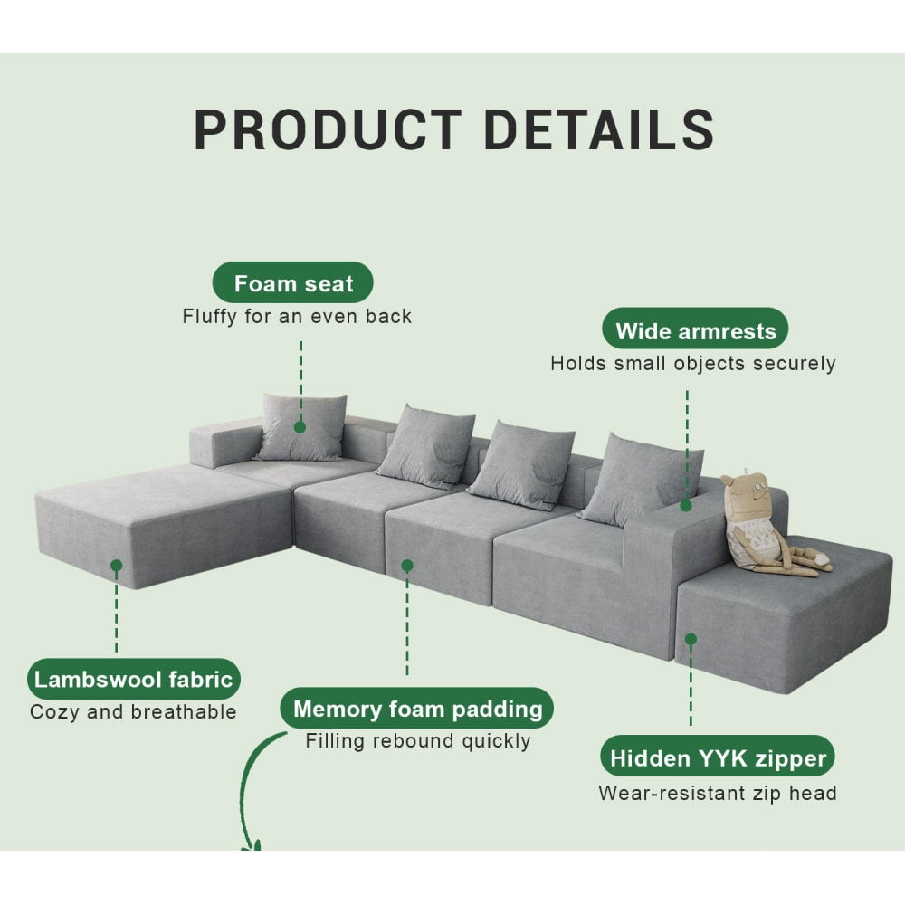 Gray Boneless Couch, Sectional Couches for Living Room, Modern Modular Sofa, 4-Seater with 2 Ottomans and Oversized Chaise