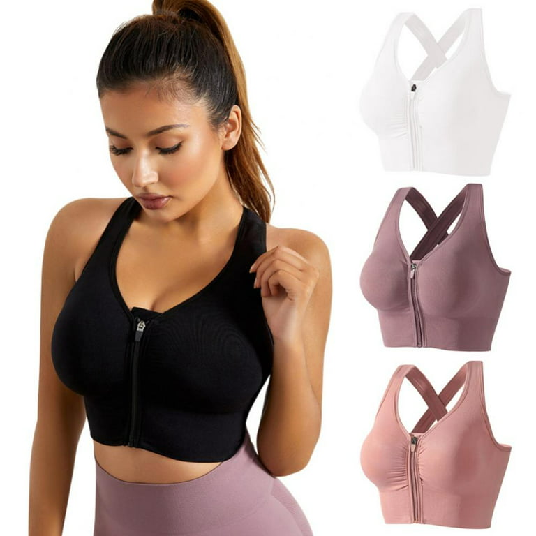 Fapreit Womens Zip Front Closure Sports Bra - Seamless Wirefree Post  Surgery Padded Racerback Workout Gym Yoga Bras 2 Pack
