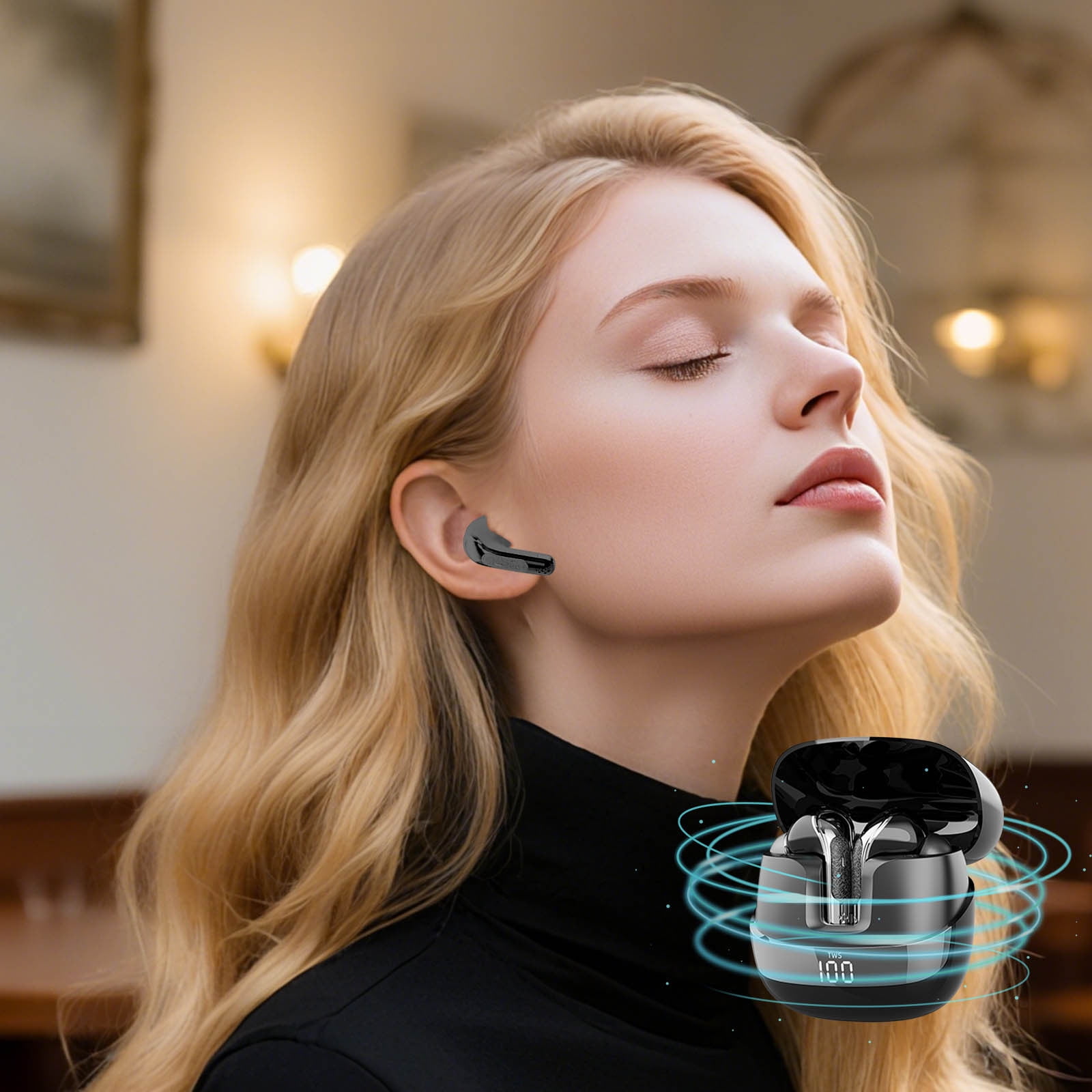 COM1950s Flip Cover Wireless Earbuds,Noise Cancelling Bluetooth 5.4 In-Ear Headphones with 60 Hours Battery Life,Led Smart Display,Ergonomic Fit for Adults,Secure Comfort During Activities