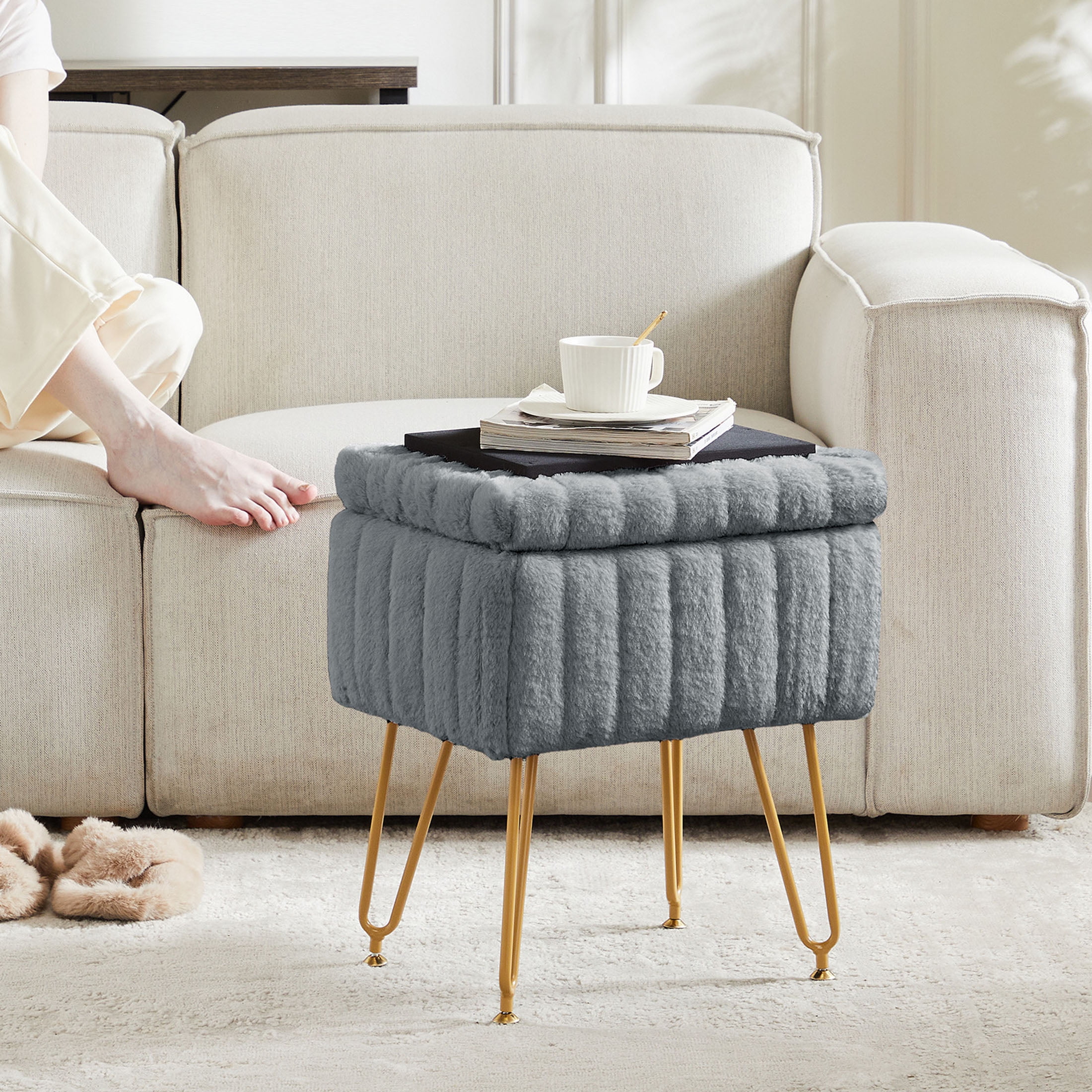 CONCETTA Footstools Ottoman Storage Bench, Vanity Faux Fur Padded Chair with Storage and Adjustable Feet for Makeup Bedroom Entryway, Grey