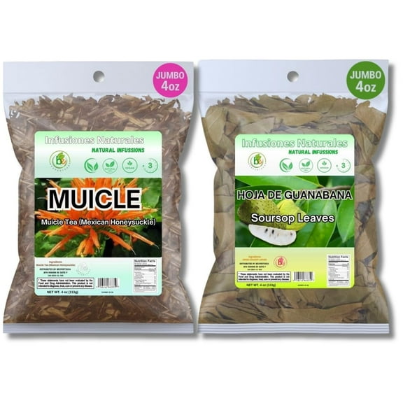 Guanábana Leaves Herbal Tea (Soursop) – 4 oz + Muicle Herbal Tea (Mexican Honeysuckle) – 4 oz – Wildcrafted Loose Leaf – 100% Natural, Vegan, Non-GMO, Caffeine-Free – Viral Combo Pack by BexpertsUSA