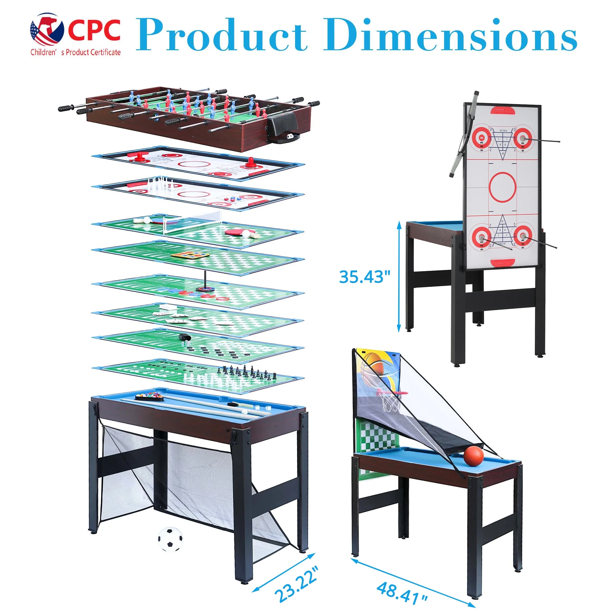 48'' 16 in 1 Multi Game Table, Combo Game Table Set for Game Room, Multifunctional Game Table with Bow, Arrow, Basketball, Football, Hockey, Foosball, Shuffleboard, Ping Pong, Chess, Checker, Bowling