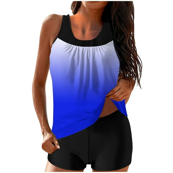 Hxshgdsn Tankini Swimsuits For Women Two Piece Modest Gradient Color Swim Tank Top With Boxer Briefs Blue S