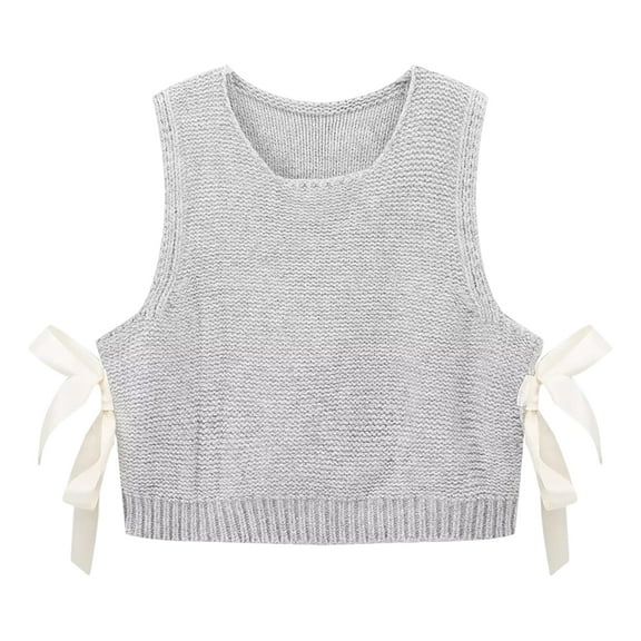Women Knitted Vest Round Neck Sleeveless Crop Tank Bow Tie Decor Hollow Back Solid Color Short Sweater Vest