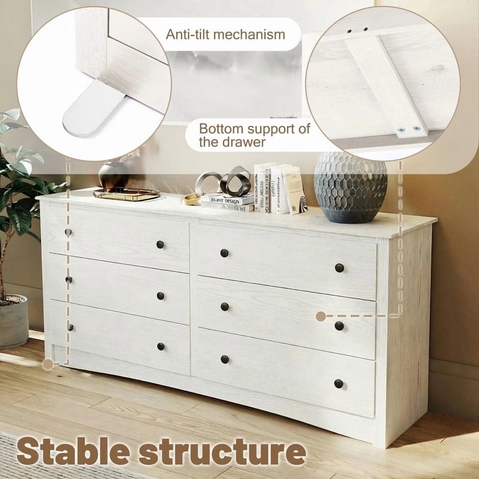 Kelno Wood 6 Drawer Dresser Chest of Drawers TV Stand with Organizer Cabinet, White