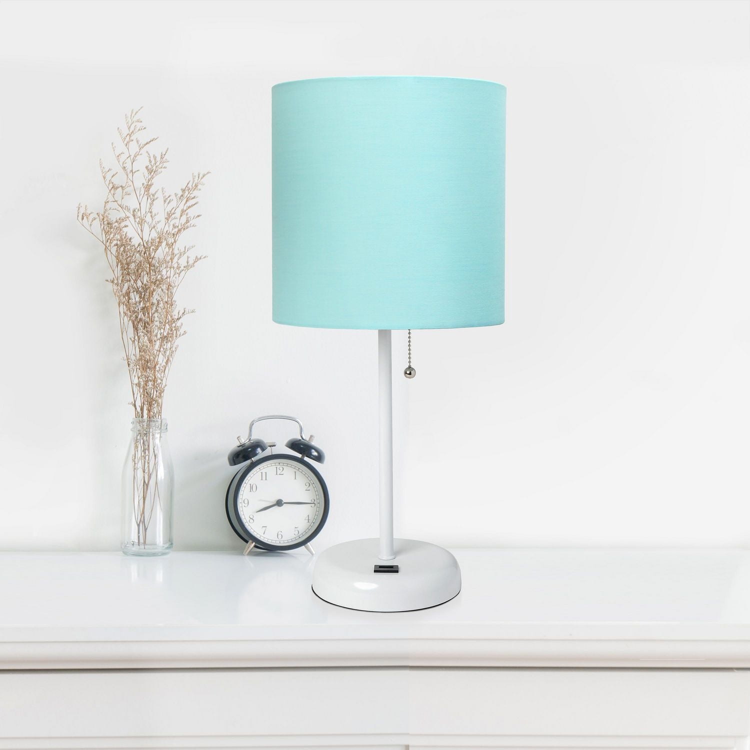LimeLights White Stick Lamp with USB charging port and Fabric Shade, Aqua