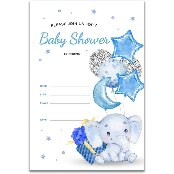 Sky Blue Balloon Elephant Boy Baby Shower Party Invitations Fill in Invites Cards 20 Invitations and Envelopes (Double Sided)