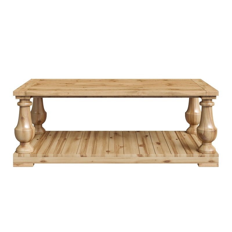 Farmhouse Coffee Table with 2-Tier Storage Shelf, Rustic Living Room Center End Table with Solid Wood Vintage Turned Legs