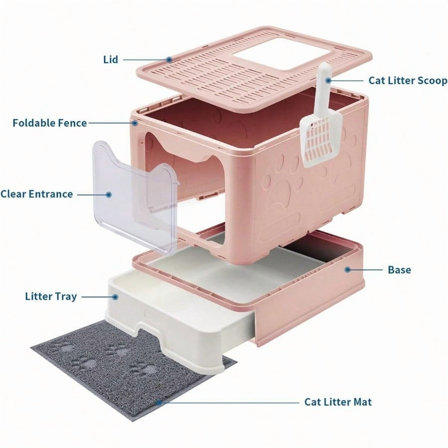 Cat Litter Box with Litter Mat and Scoop Large Foldable Litter Box with Lid Front Entry Top Exit Kitty Box Odor Control Easy to Clean Pink