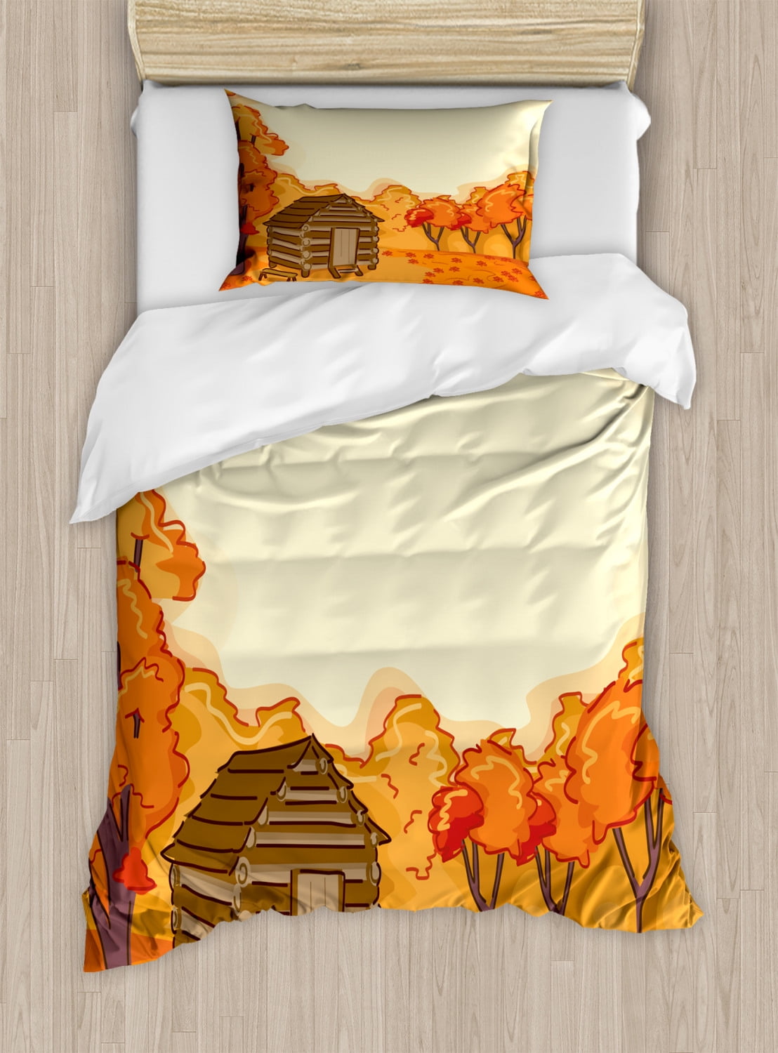 Log Cabin Duvet Cover Set Twin Size, Autumn Illustration of a Old