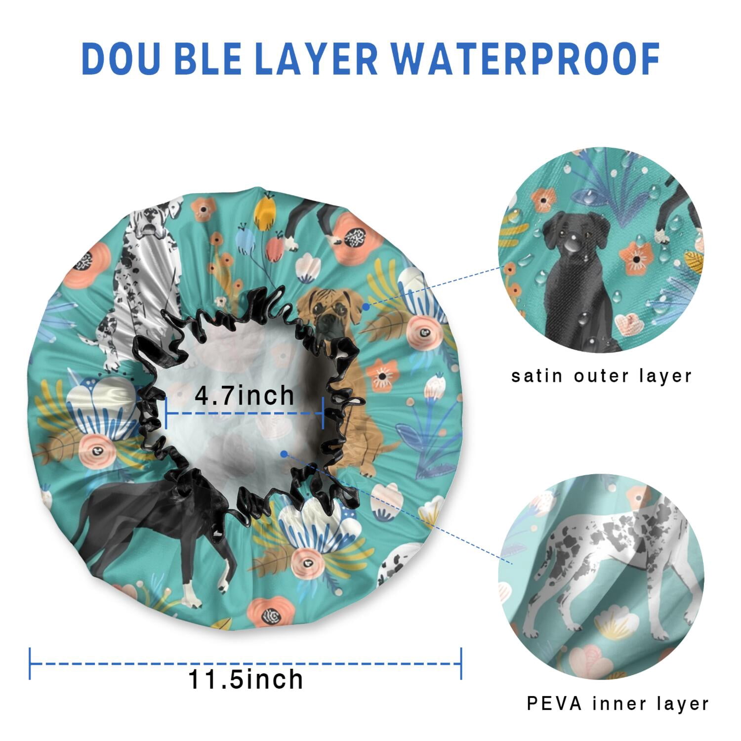 Shower Caps,Dog Pattern with Pioneer Flower Background Waterproof Shower Cap for Women 4 Pieces,Double Reusable Hair Cover for Shower PEVA Elastic Stretch Hem