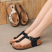 CKWLXQY Leather Thong Cork Sandals for Men & Women, Water-Resistant Flip Flops with Cork Footbed & Memory Foam, Adjustable Double Buckle Open Toe Summer Slides