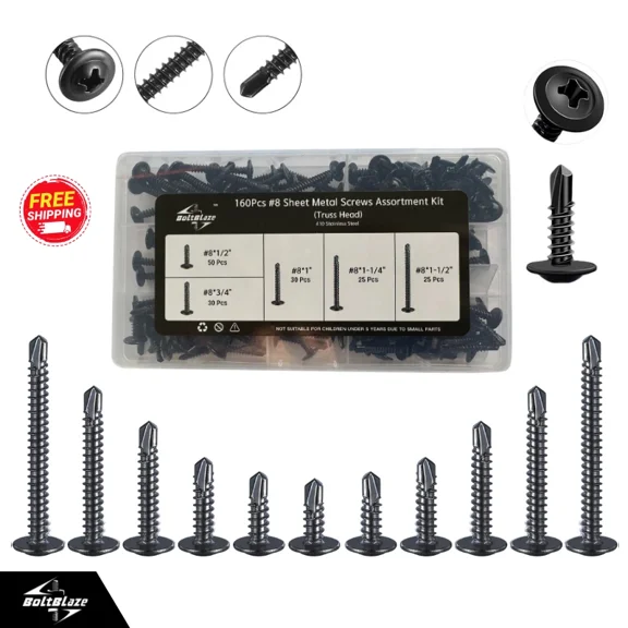 Assorted Self-Tapping Screws, 160-Piece Kit – #8 Truss Head, Durable Stainles