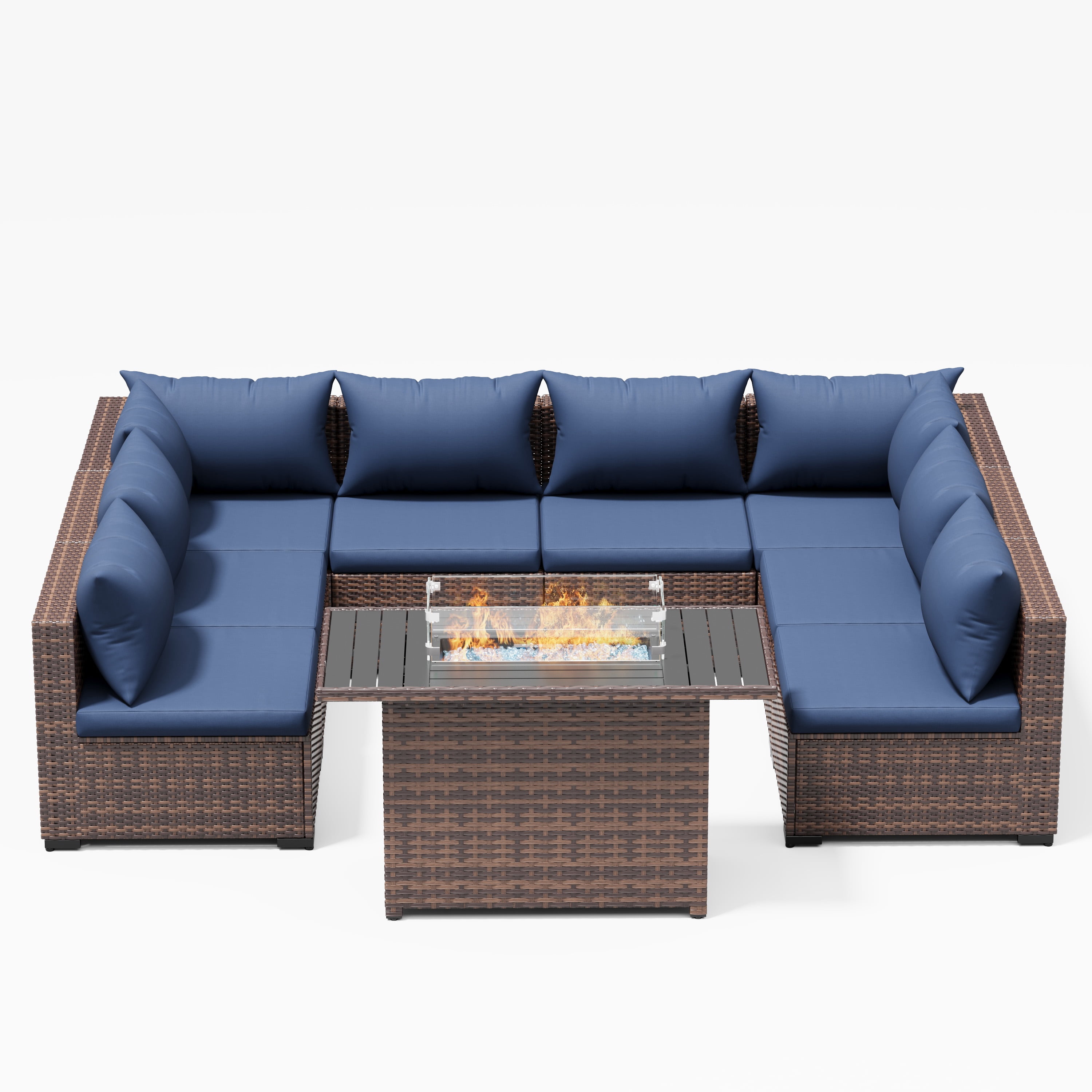 ELPOSUN Patio Furniture Set, Outdoor Patio Furniture Wicker Sectional Furniture Couch Set, 9 Pieces Outdoor Sectional Sofa with Fire Pit Table, Outdoor Patio Set for Outdoor Furniture (Navy Blue)