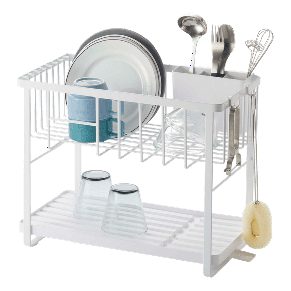 Yamazaki Home Two-Tier Dish Rack, White, Steel, Supports 28.6 pounds, Adjustable, Draining Spout, Drain Stopper, Utensil Holder, Water Resistant, No Assembly