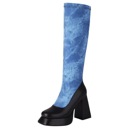 

Boots for Women Square Toe High Heel Splicing Solid Color Zipper Mid Thick Bottom Large Size Knee Boots