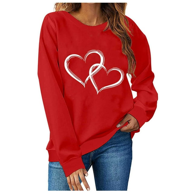 TIMIFIS Chandails en Molleton Rouges de la Saint-Valentin pour Femmes Col Rond Manches Longues Chandail Ample Tenues Décontractées Printemps Automne Chandails Cœur - Printemps/été