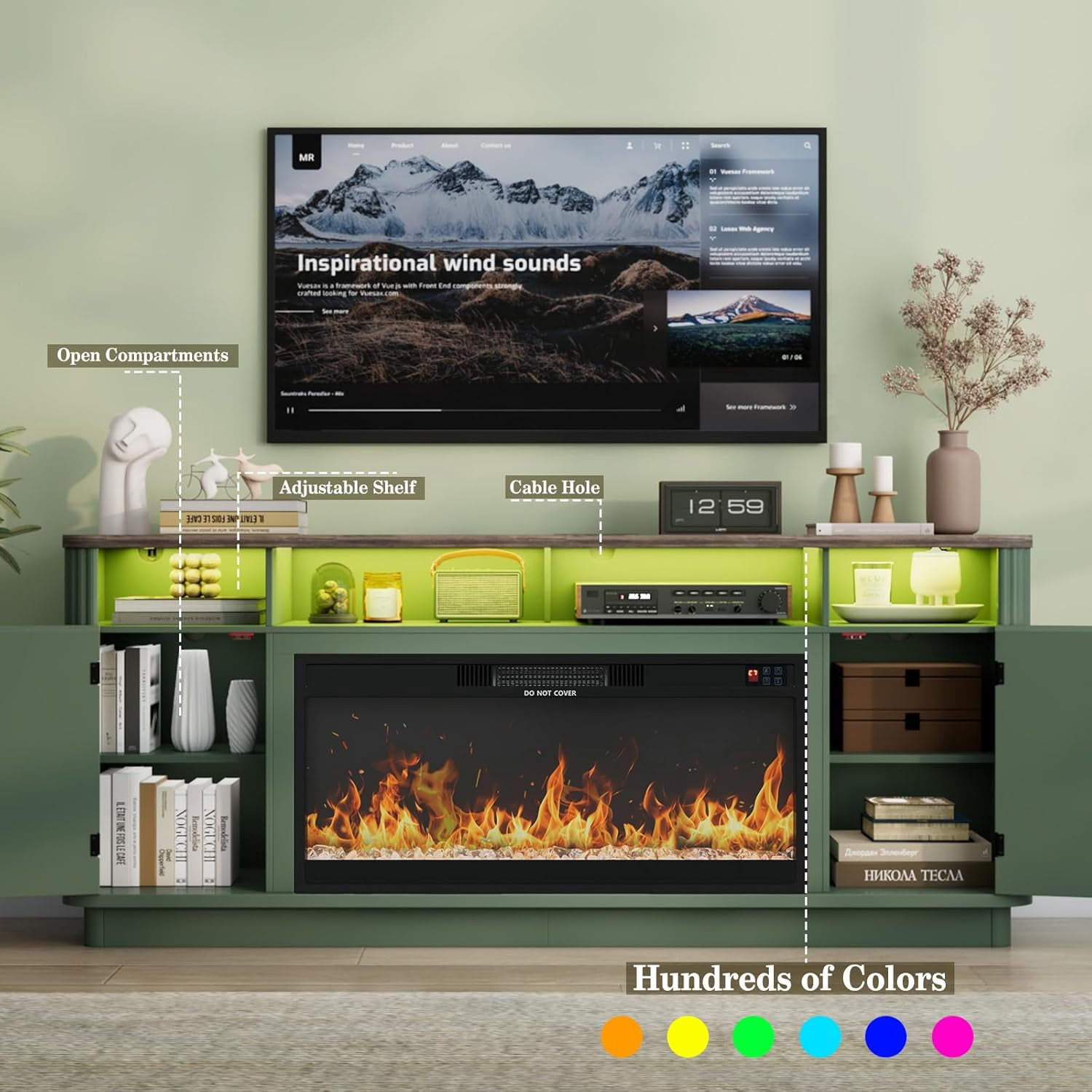 ANPOO 71" Fluted Fireplace TV Stand for 75/85" TVs with 36" Electric Fireplace, Modern Entertainment Center with LED Light & Power Outlet, Wooden Media Console TV Stand for Living Room, Green