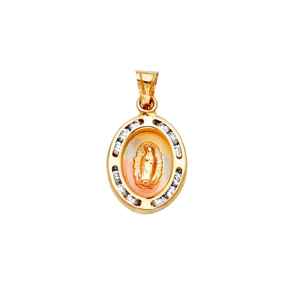 14k Yellow Gold White Gold and Rose Gold Cubic Zirconia Virgen De Guadalupe Pendant Necklace 11x17mm Pendant for Women