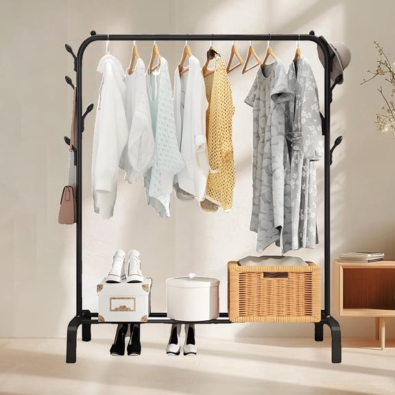 HioHa Garment Rack with Storage Shelf | Standing Clothes Hanging Rack for Bedroom, Closet & Laundry Room | Space-Saving Wardrobe Organizer with Bottom Shelf