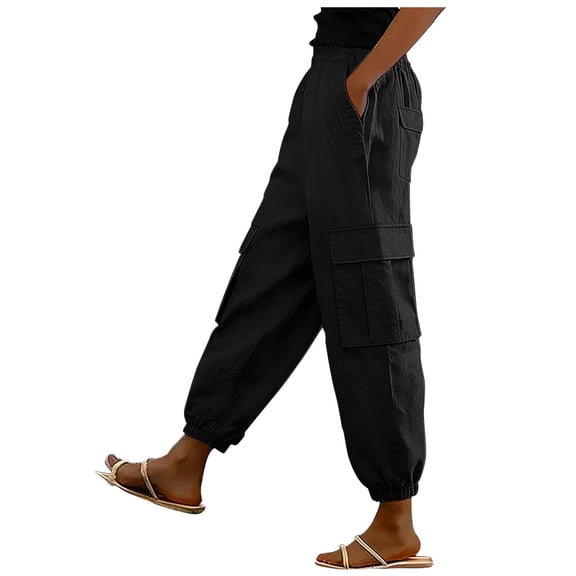 VEKDONE Womens Tapered Pants Elastic High Waist Cargo Pants with Multi Pockets Solid Color Casual Straight Ankle Trousers Black M