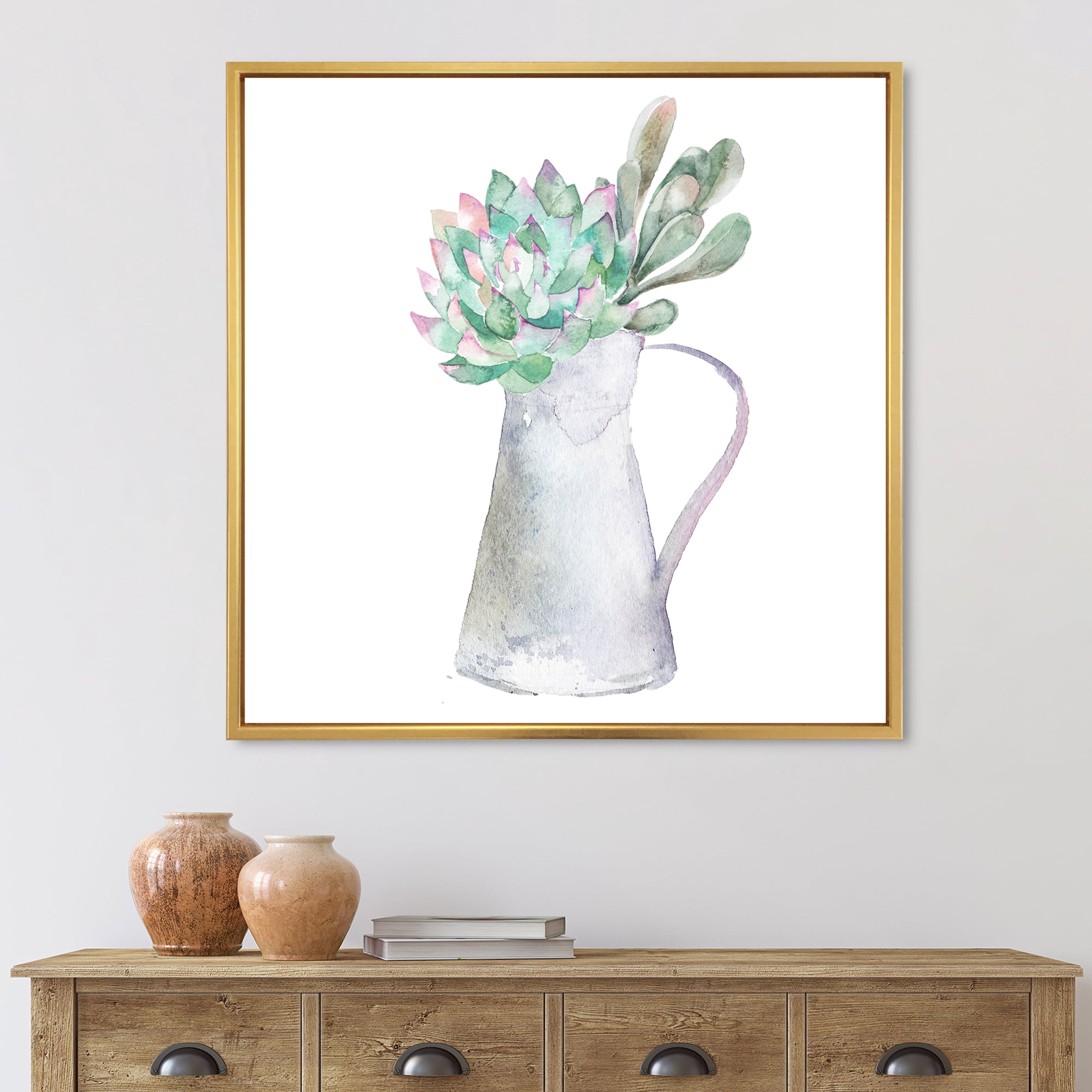 Designart 'Succulent Home Plant In Jug' Traditional Framed Canvas Wall Art Print