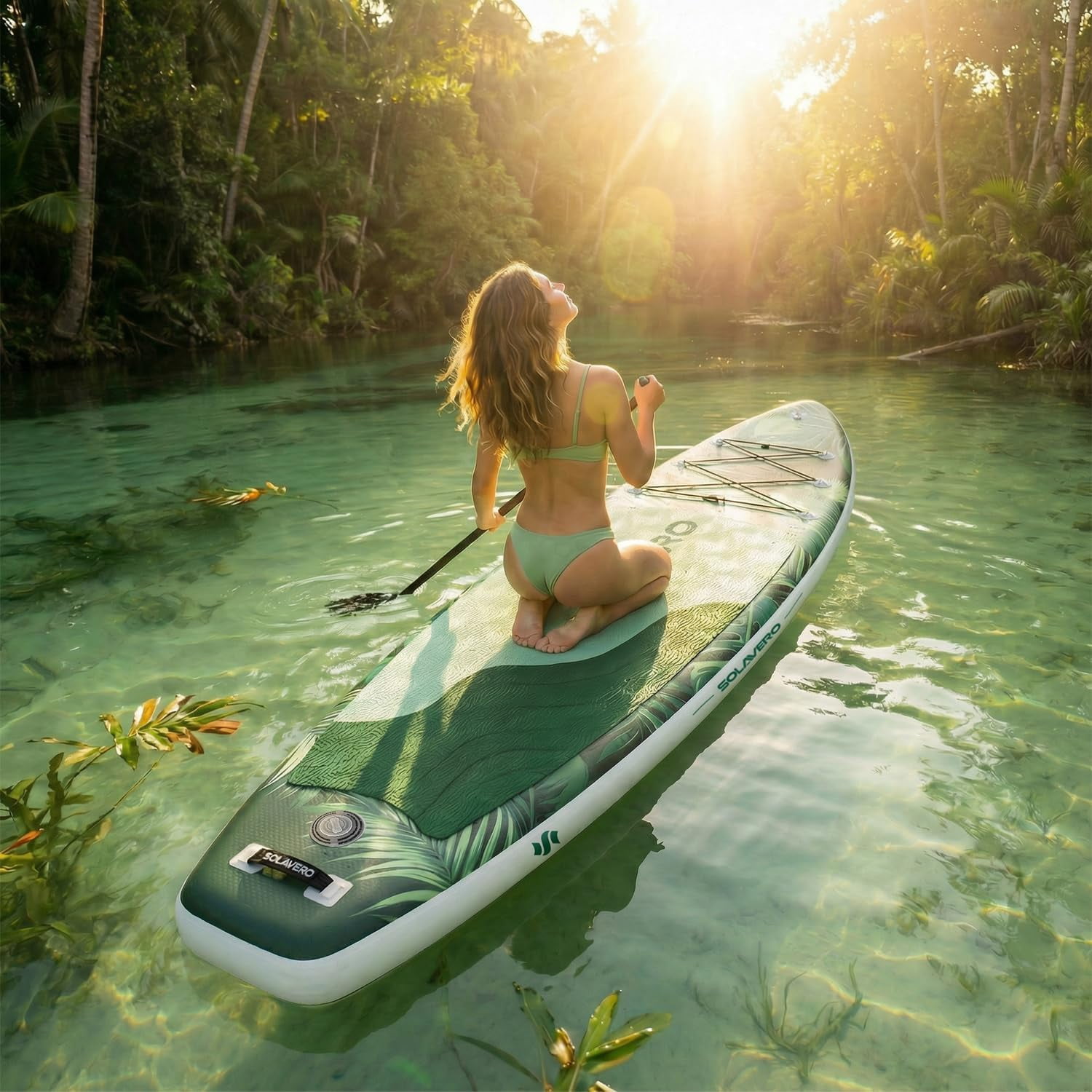 SOLAVERO Inflatable Stand Up Paddle Board with SUP Accessories, Anti-Slip EVA Deck, 11'×33" Blow Up Paddle Board Adults & Youth