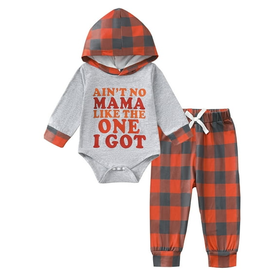12 Months Baby Boys Clothes 18 Months Boys Pant Set Toddler Boys Long Sleeve Letter Print Hooded Romper Top Plaid Pants 2PCS Outfits Set Gray
