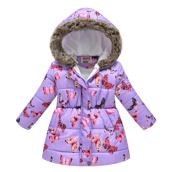 QUDDERR Toddler Kids Girls Puffer Cotton Coat Jacket Printed Warm Hooded Jacket Winter Waisted Thickened Outerwear for 4-10  Years Old