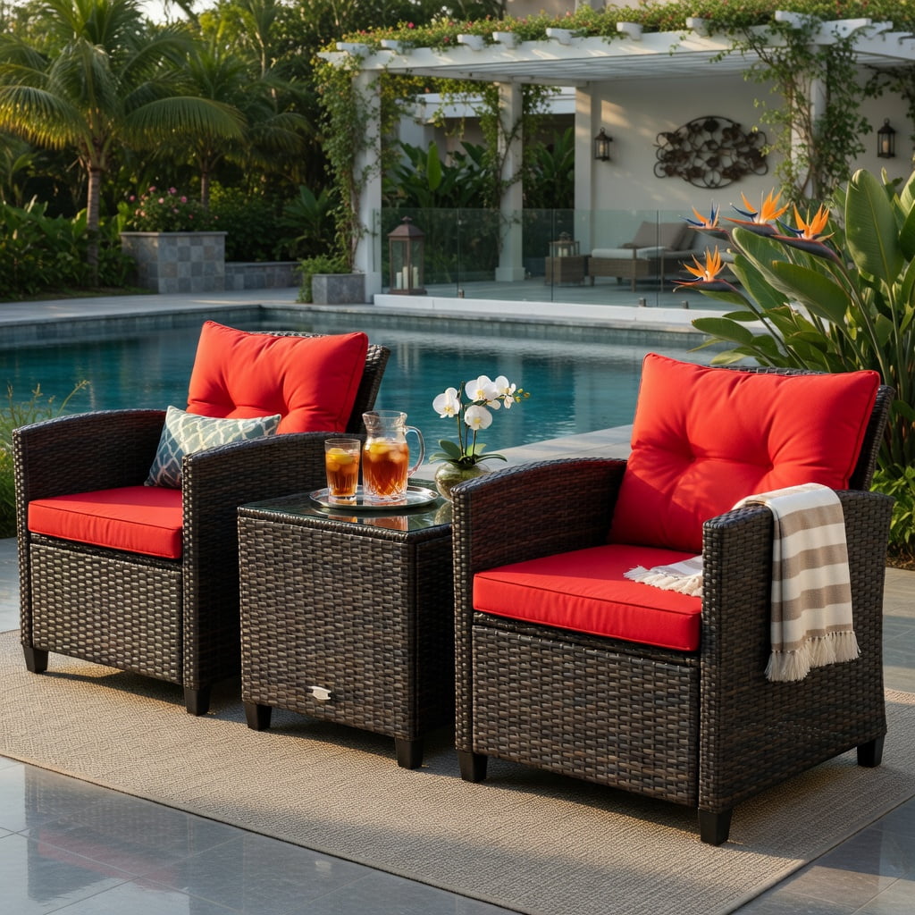 Hommoo 3-Piece Outdoor Rattan Patio Furniture Set with Cushions, Wicker Conversation Set Including 2 Armchairs & Coffee Table with Tempered Glass Top, Red