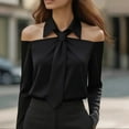 thumbnail image 3 of Women's Tie Neck Off Shoulder Blouse Elegant Long Sleeve Lapel Collar Work Shirts Dressy Casual Office Business Tops Black M, 3 of 8