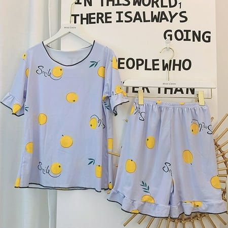 

Promotion！Girl Pajama Set Fruit Print Short Sleeve T-shirt with Shorts Tee and Shorts Loose Round Neck Pajamas Set